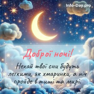 Доброї ночі. Нехай твої сни будуть легкими, як хмаринки, а ніч пройде в тиші і мирі